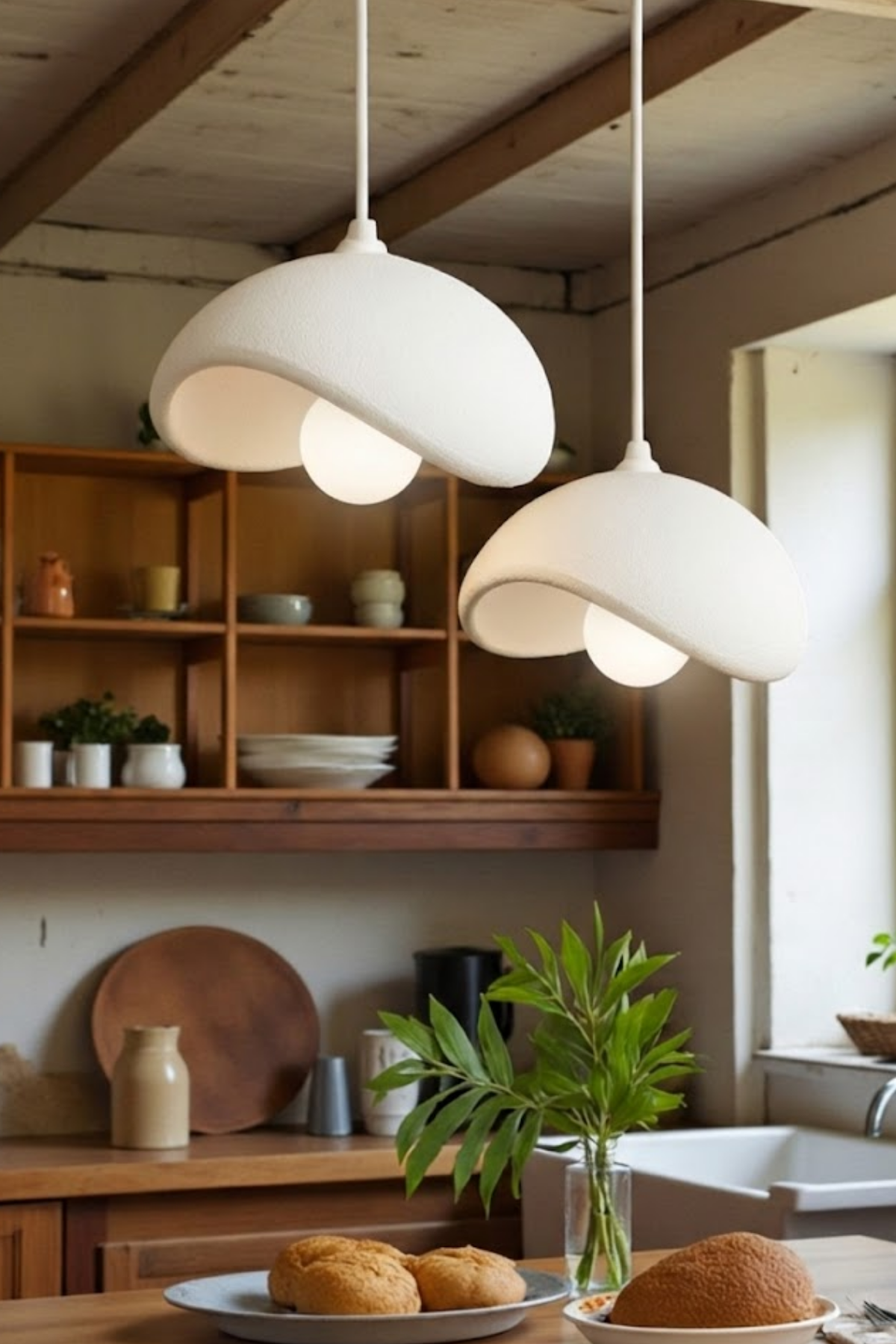 White Decorative 2-Light Pendant Chandelier, Boho Concrete Look (Includes 2x Gift Bulbs)