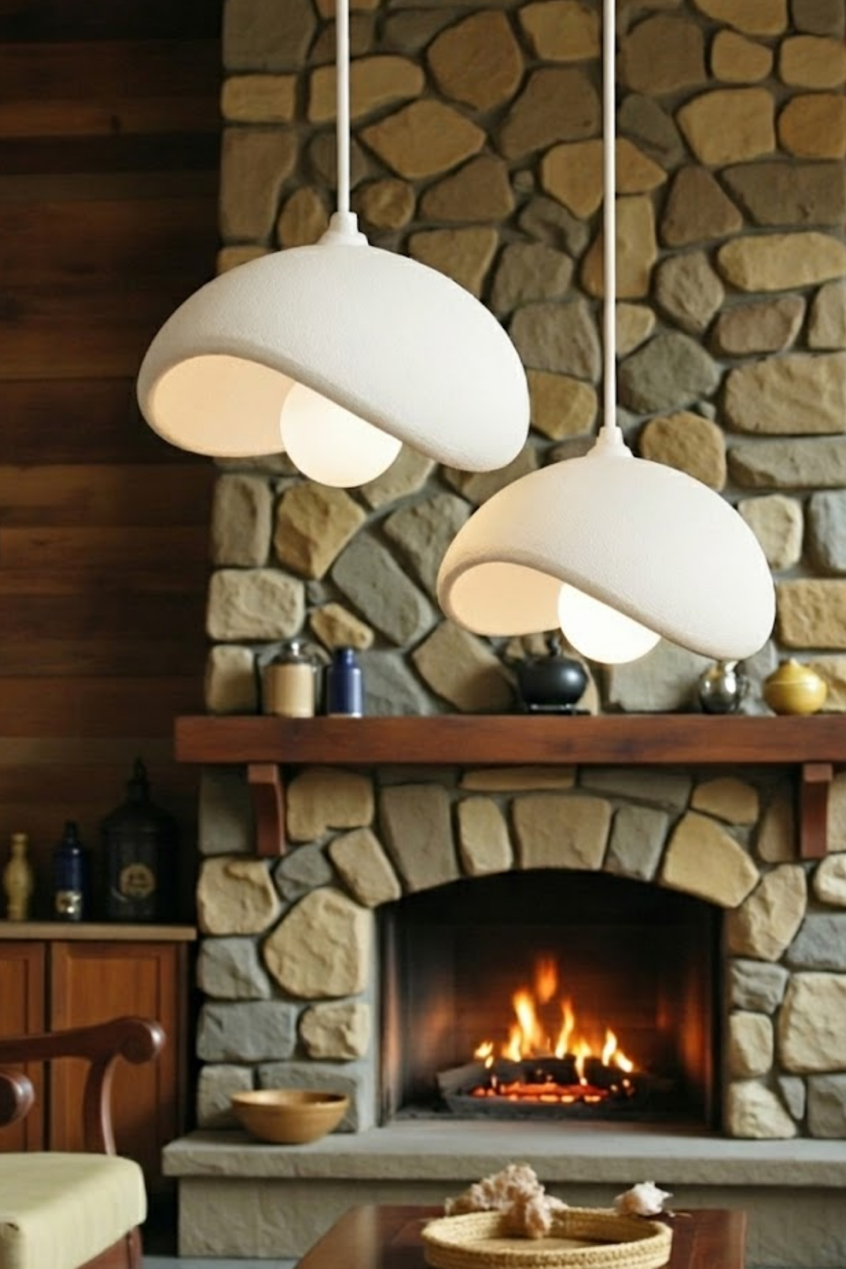 White Decorative 2-Light Pendant Chandelier, Boho Concrete Look (Includes 2x Gift Bulbs)