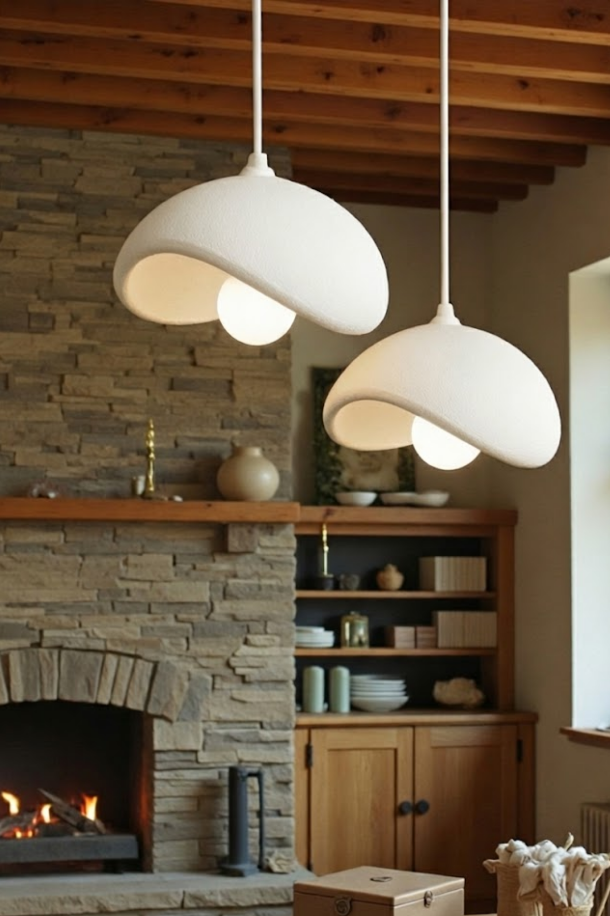 White Decorative 2-Light Pendant Chandelier, Boho Concrete Look (Includes 2x Gift Bulbs)