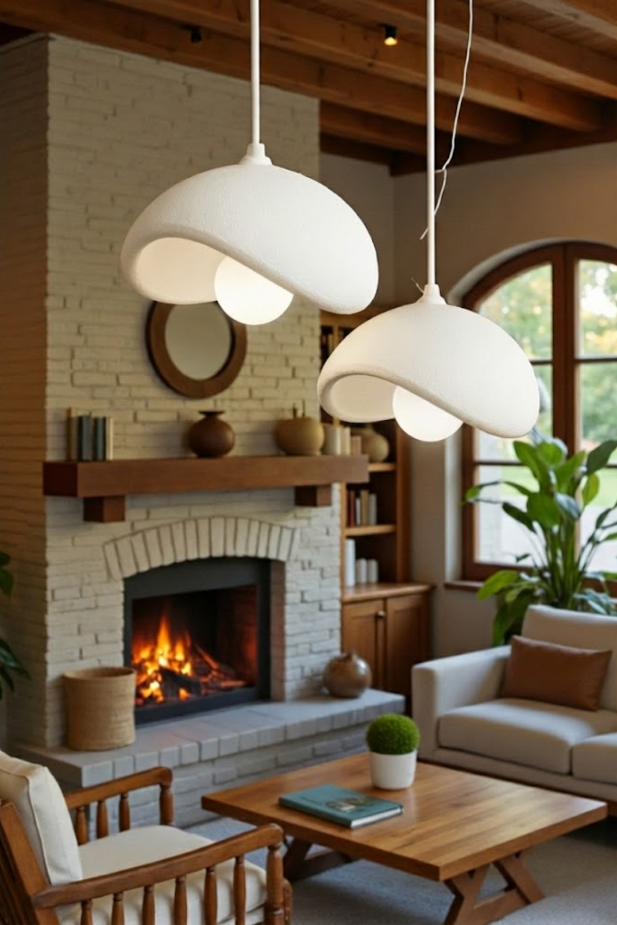 White Decorative 2-Light Pendant Chandelier, Boho Concrete Look (Includes 2x Gift Bulbs)