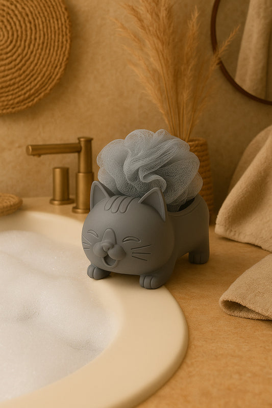 Decorative Grey Cat Figured Soap Dish & Sponge Holder Stylish and S
