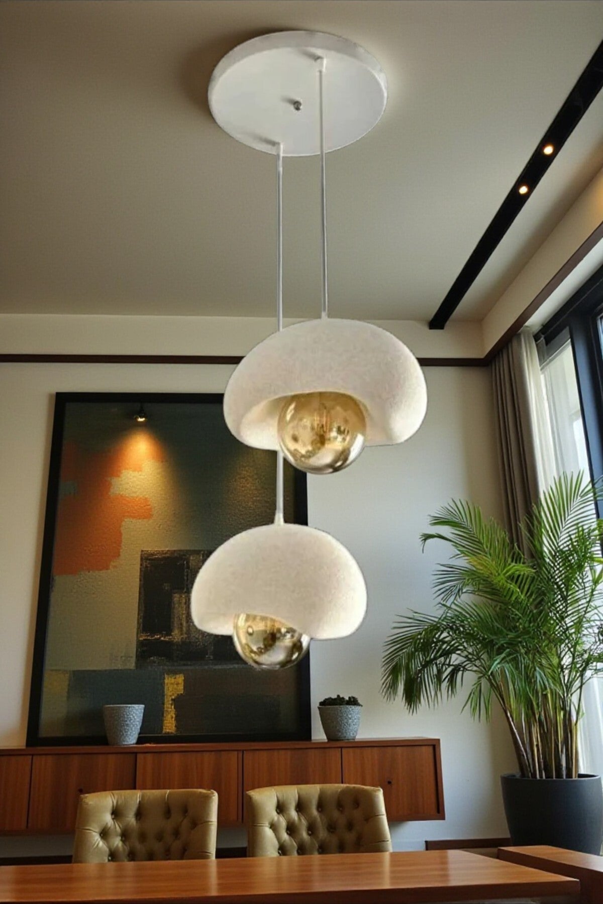 White Decorative 2-Light Pendant Chandelier, Boho Concrete Look (Includes 2x Gift Bulbs)