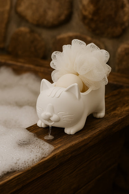 Decorative White Cat Figured Soap Dish & Sponge Holder Stylish a