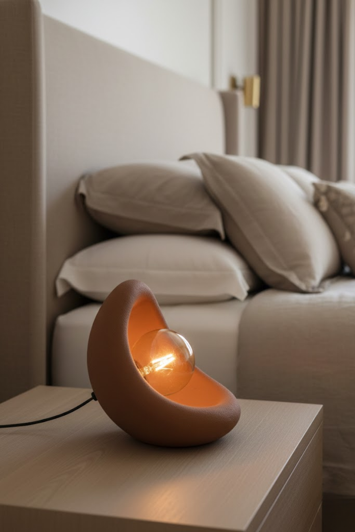 Modern Concrete Textured Lampshade | Organic Oval Night Light (Desktop Bedside Lamp) 25 cm Brown