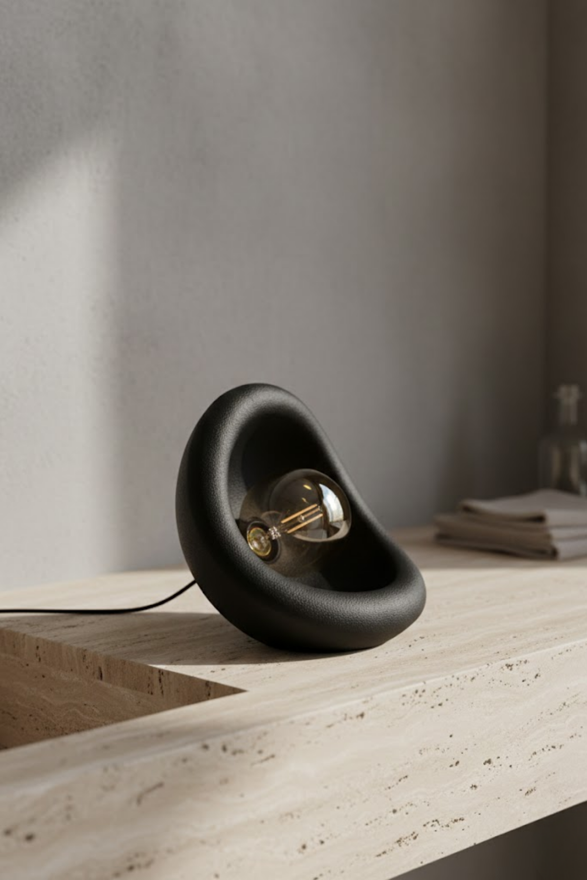 Modern Concrete Textured Lampshade | Organic Oval Night Light (Desktop Bedside Lamp) 25 cm Black