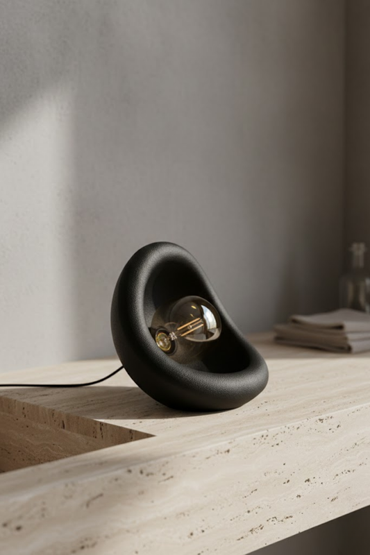 Modern Concrete Textured Lampshade | Organic Oval Night Light (Desktop Bedside Lamp) 25 cm Black