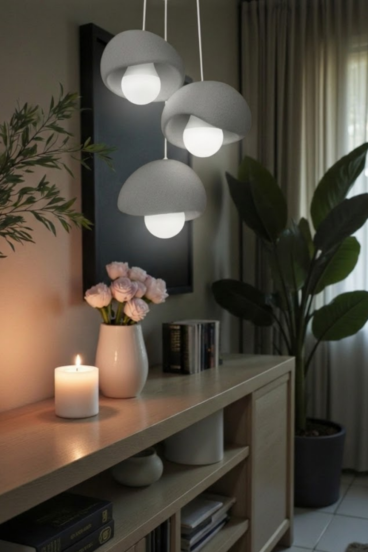 Trio Concrete Look Triple Pendant Chandelier – Modern Grey 3D Lighting Set (Includes 3 Free E27 Bulbs)