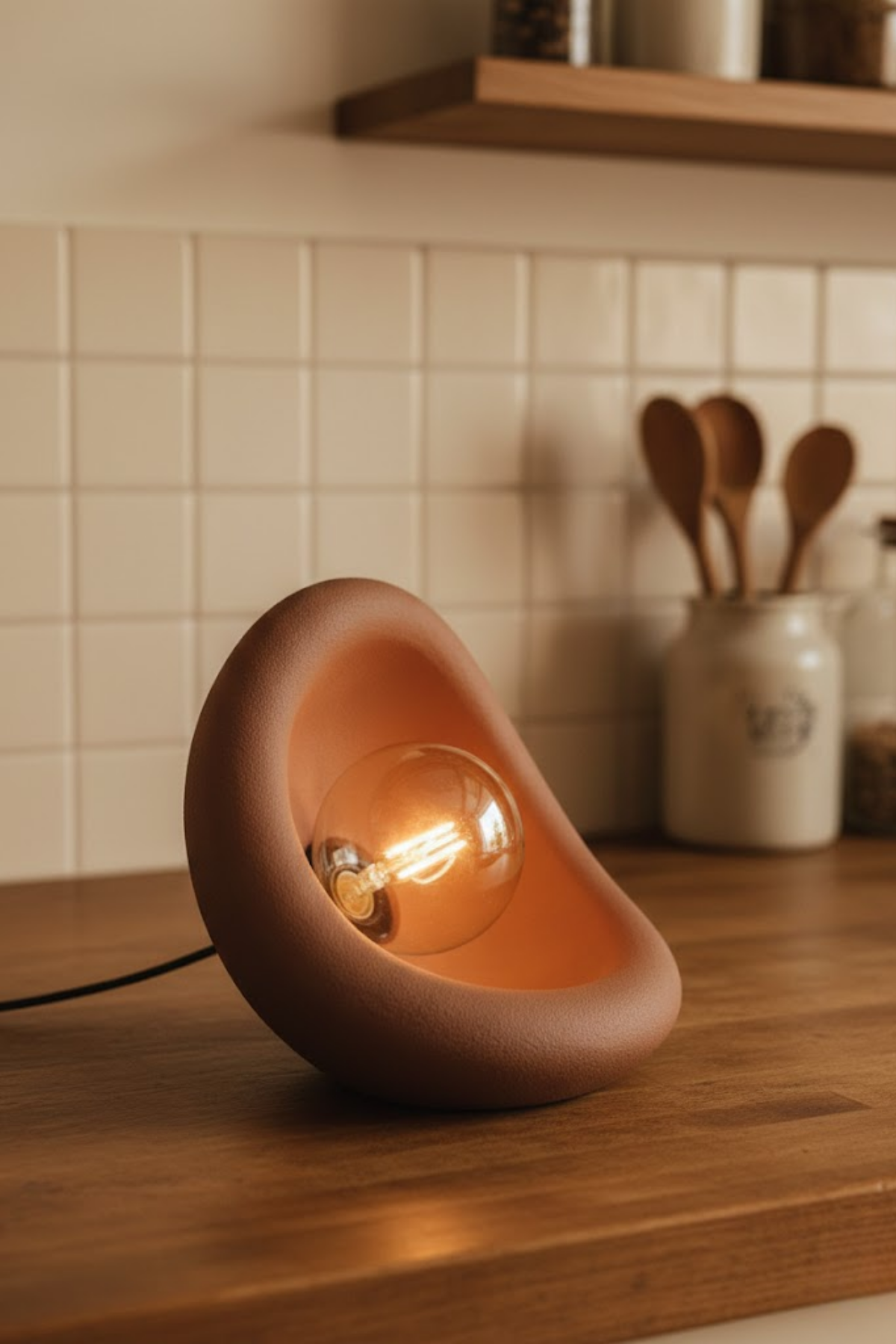 Modern Concrete Textured Lampshade | Organic Oval Night Light (Desktop Bedside Lamp) 25 cm Brown