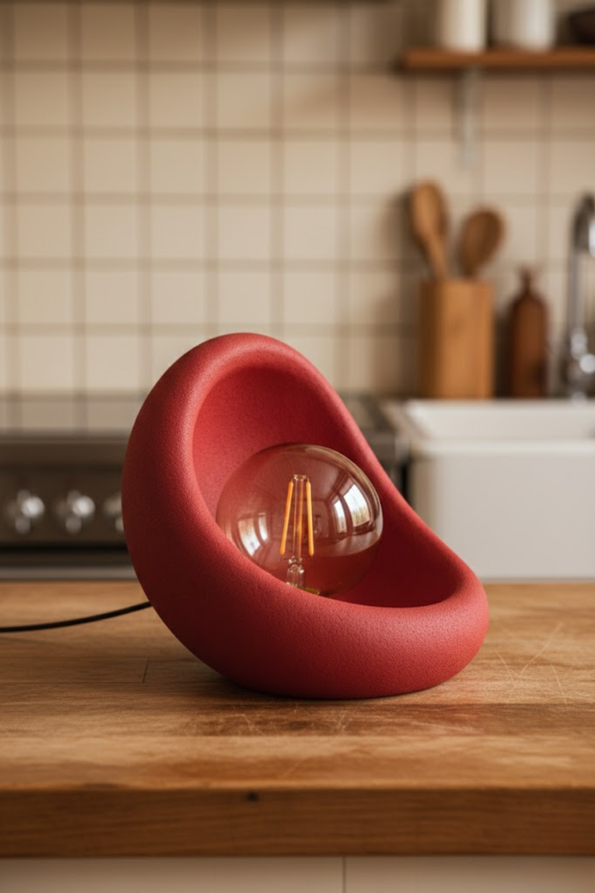 Modern Concrete Textured Lampshade | Organic Oval Night Light (Desktop Bedside Lamp) 25 cm Red