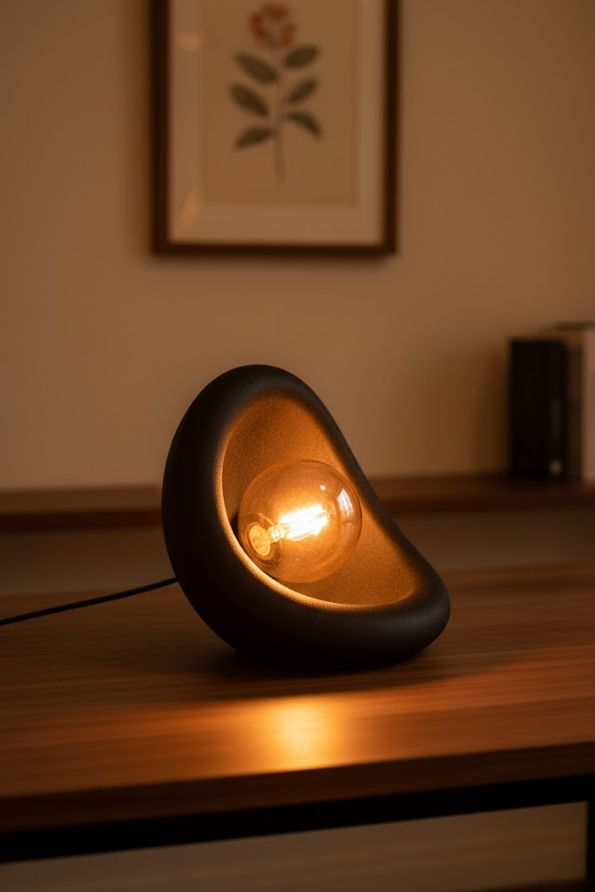 Modern Concrete Textured Lampshade | Organic Oval Night Light (Desktop Bedside Lamp) 25 cm Black