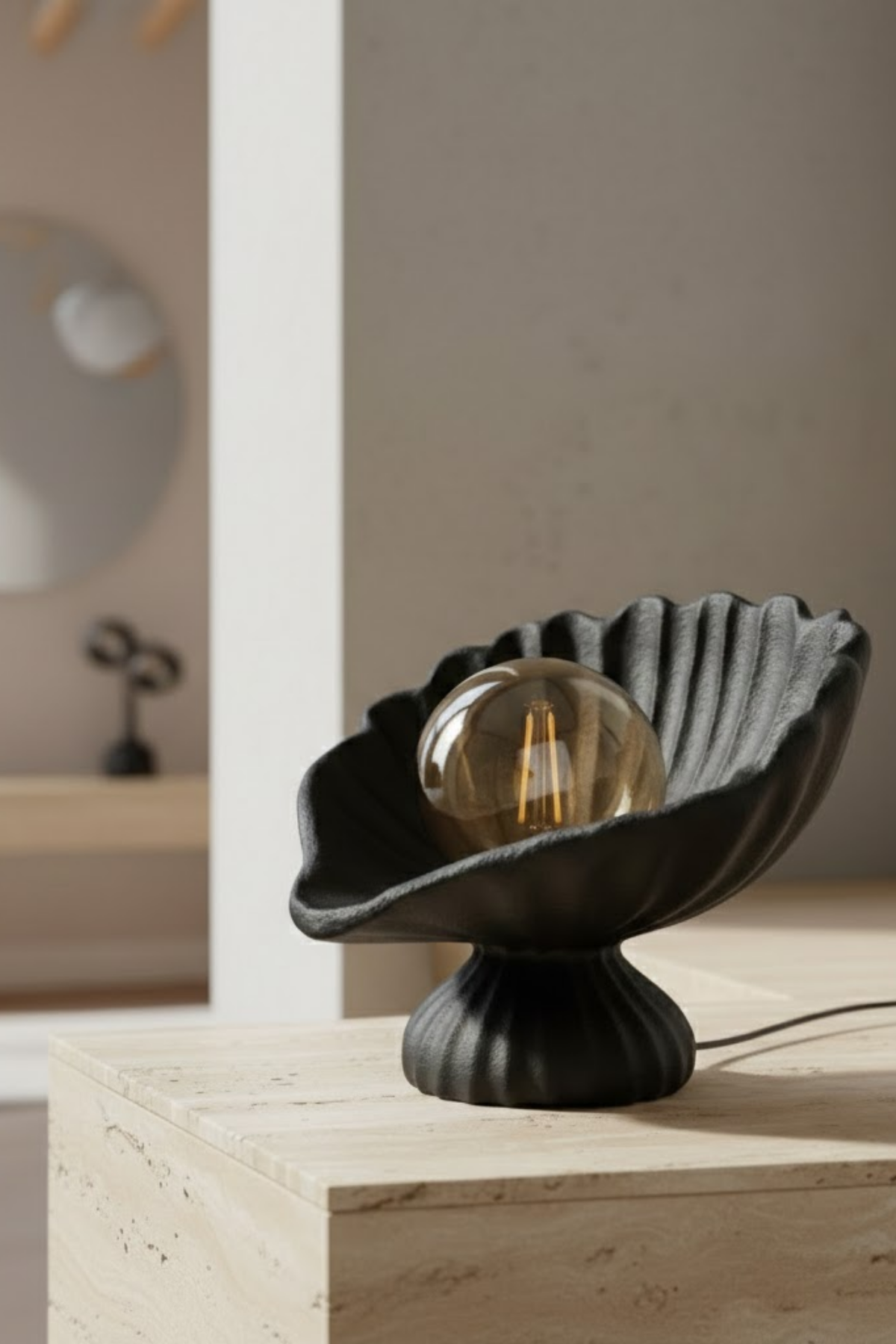 Seashell Lampshade Concrete Textured Modern Night Light | Decorative Desktop Lighting 25 x 20 cm Black