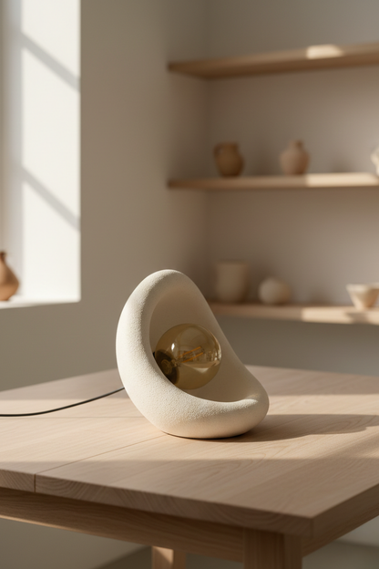 Modern Concrete Textured Lampshade | Organic Oval Night Light (Desktop Bedside Lamp) 25 cm White