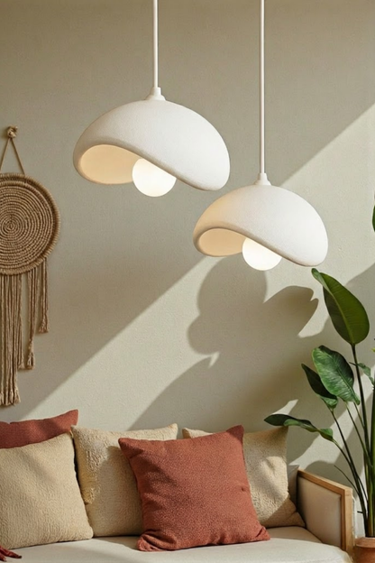 White Decorative 2-Light Pendant Chandelier, Boho Concrete Look (Includes 2x Gift Bulbs)