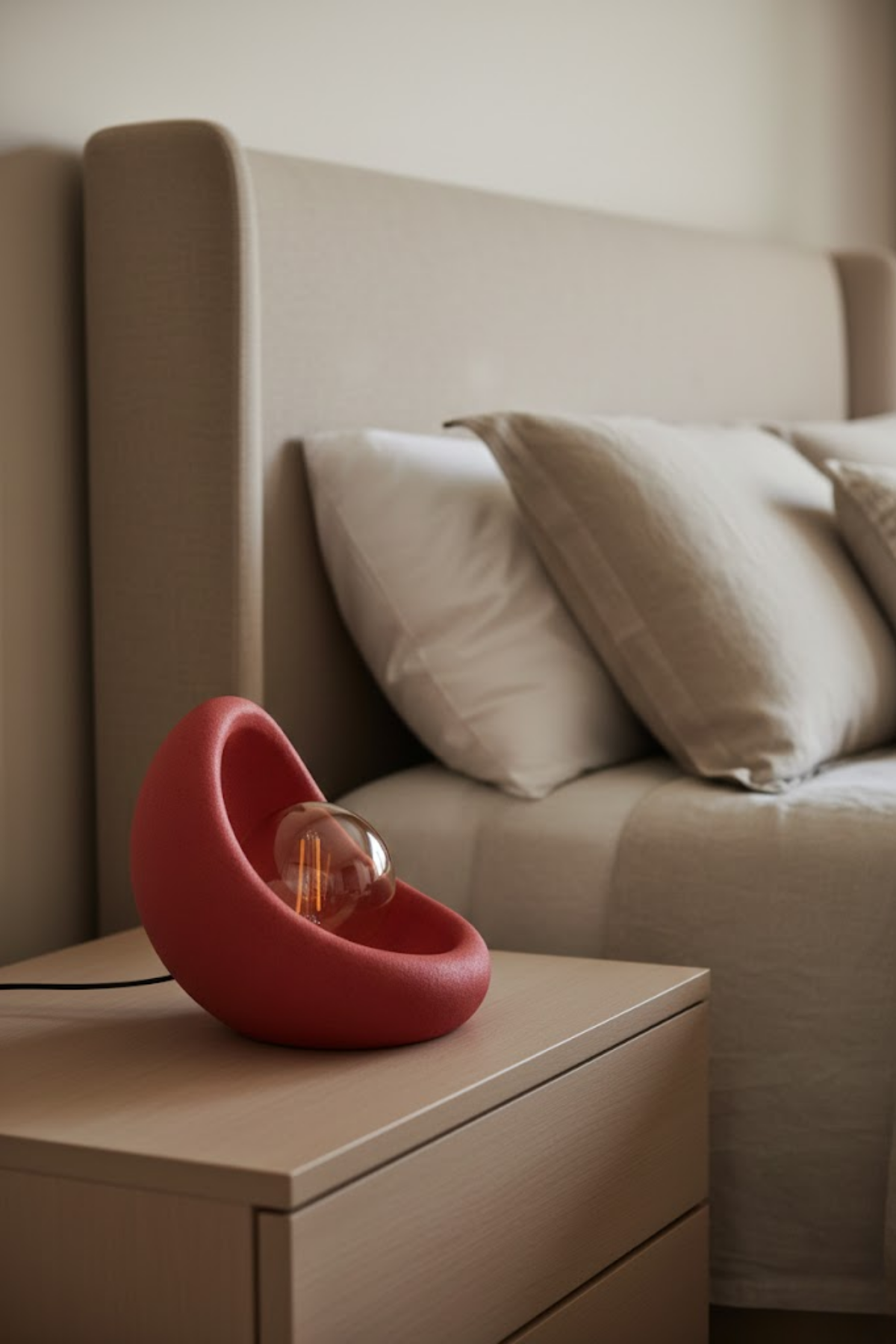 Modern Concrete Textured Lampshade | Organic Oval Night Light (Desktop Bedside Lamp) 25 cm Red