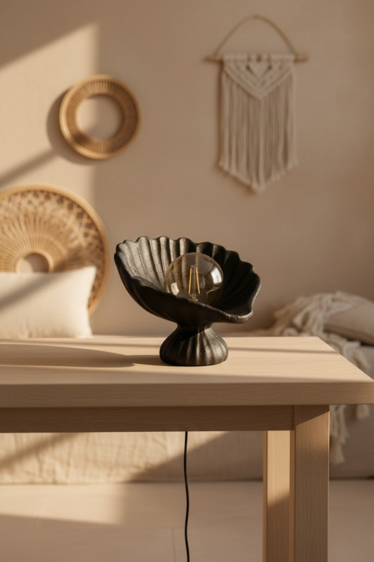 Seashell Lampshade Concrete Textured Modern Night Light | Decorative Desktop Lighting 25 x 20 cm Black