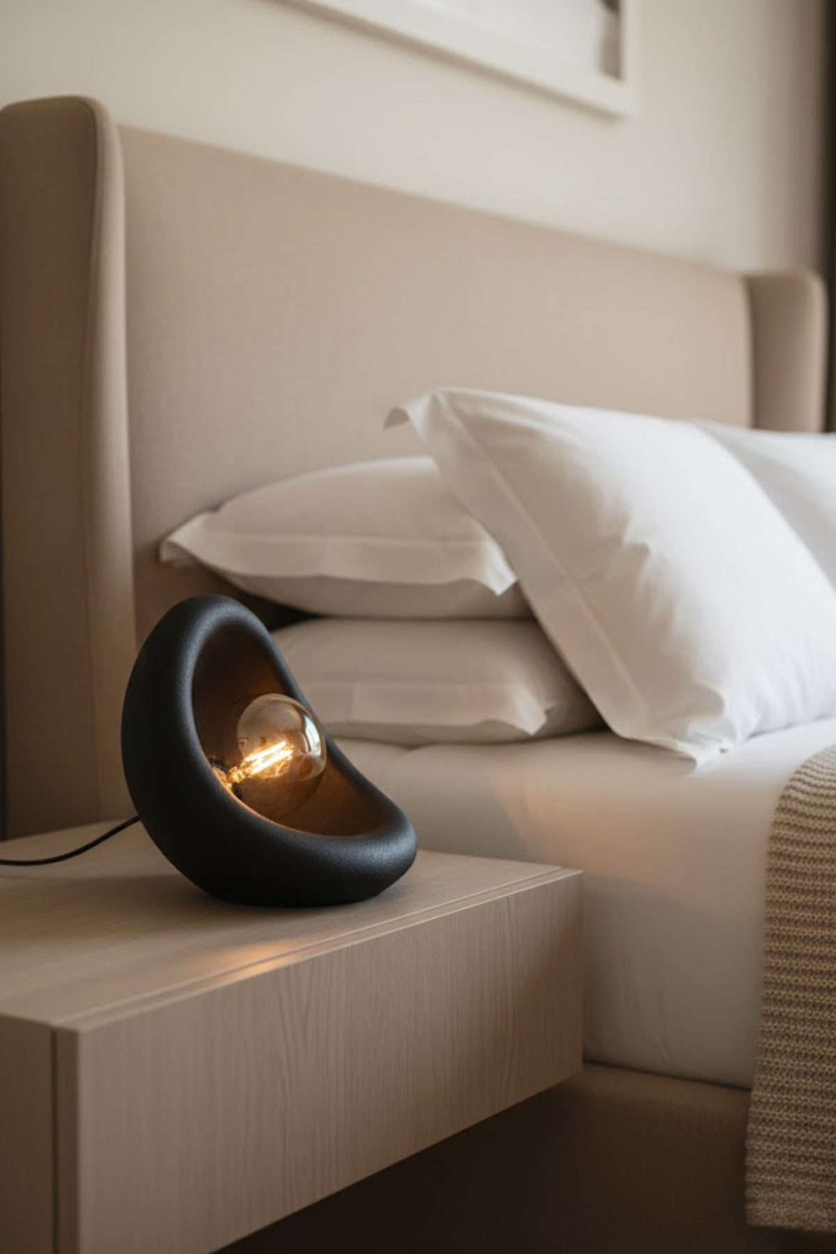 Modern Concrete Textured Lampshade | Organic Oval Night Light (Desktop Bedside Lamp) 25 cm Black