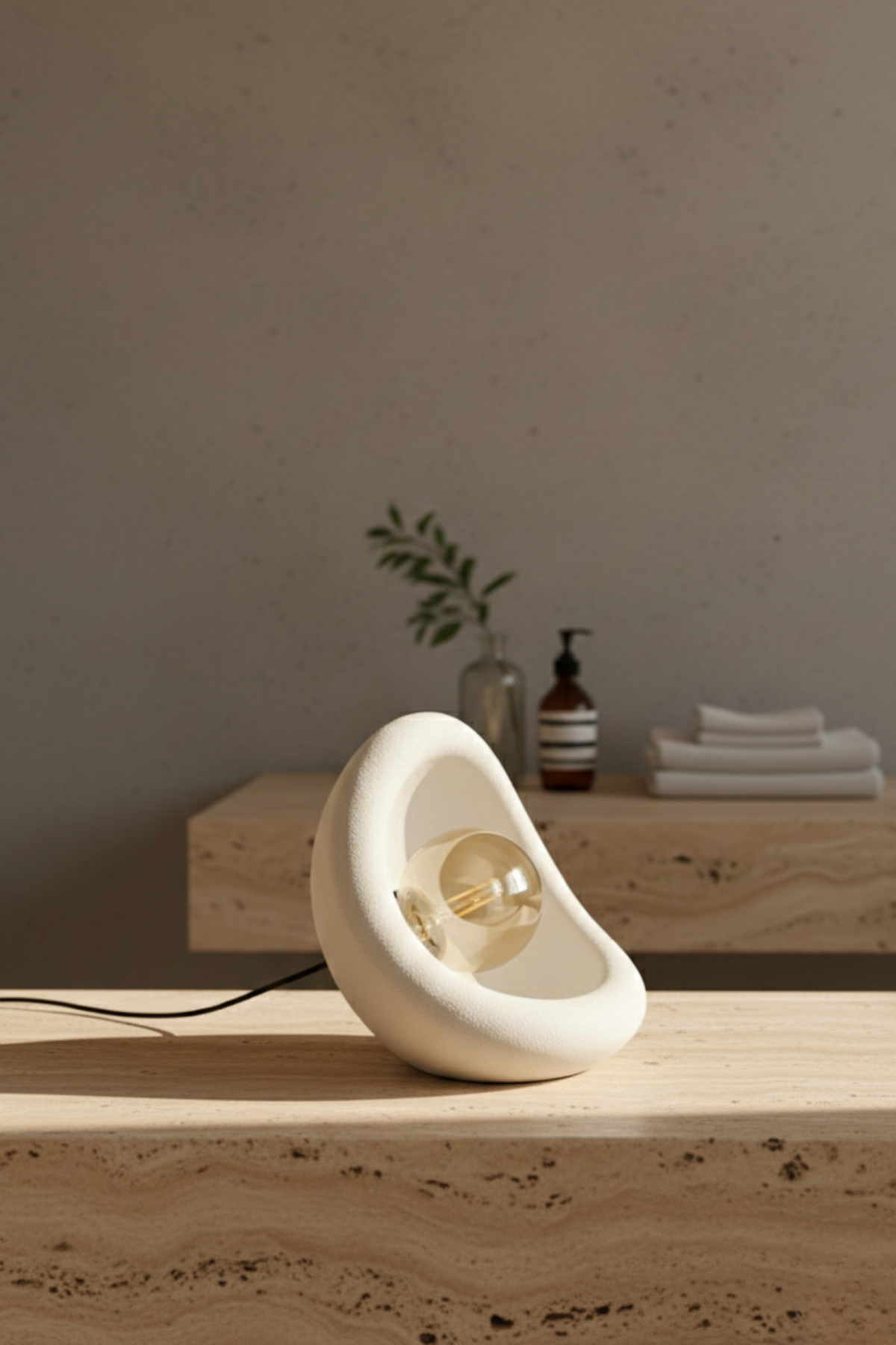 Modern Concrete Textured Lampshade | Organic Oval Night Light (Desktop Bedside Lamp) 25 cm White