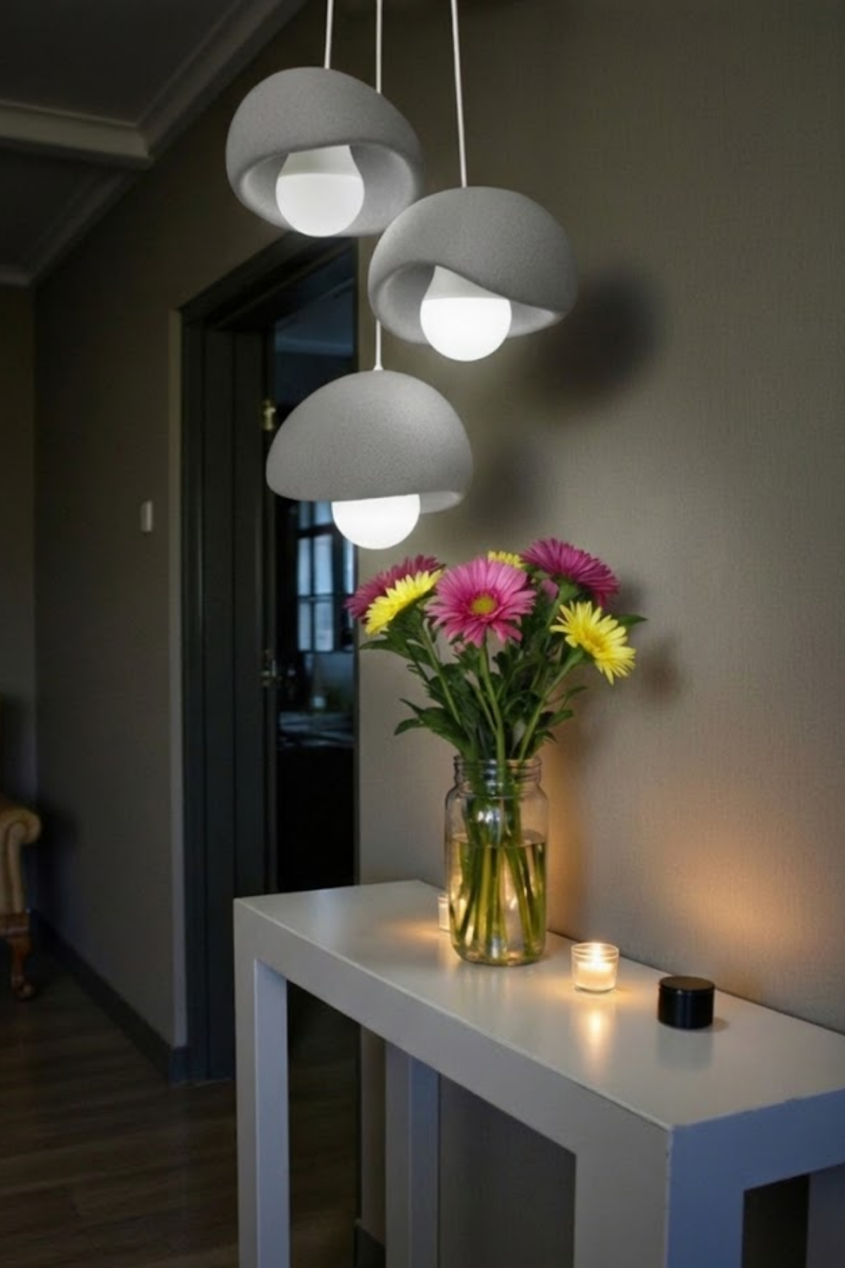Trio Concrete Look Triple Pendant Chandelier – Modern Grey 3D Lighting Set (Includes 3 Free E27 Bulbs)