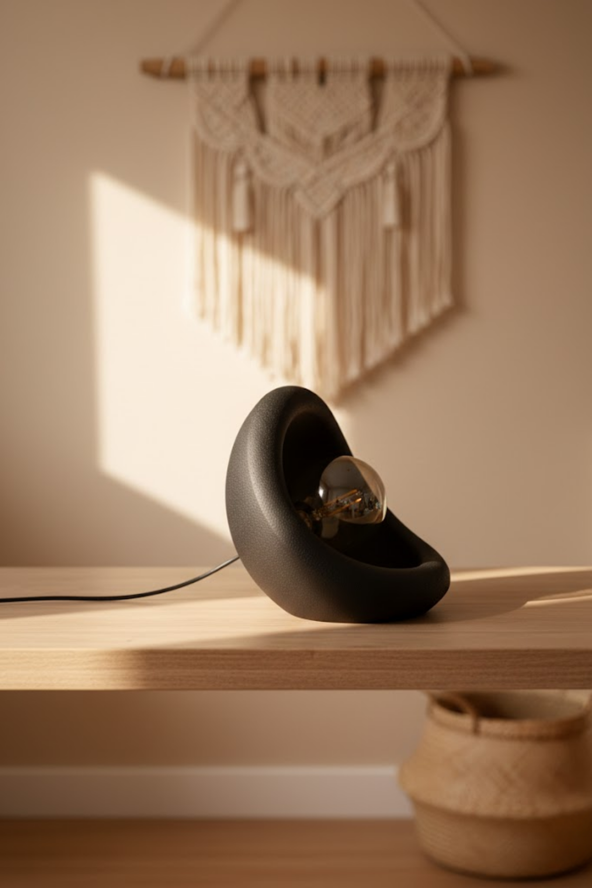 Modern Concrete Textured Lampshade | Organic Oval Night Light (Desktop Bedside Lamp) 25 cm Black