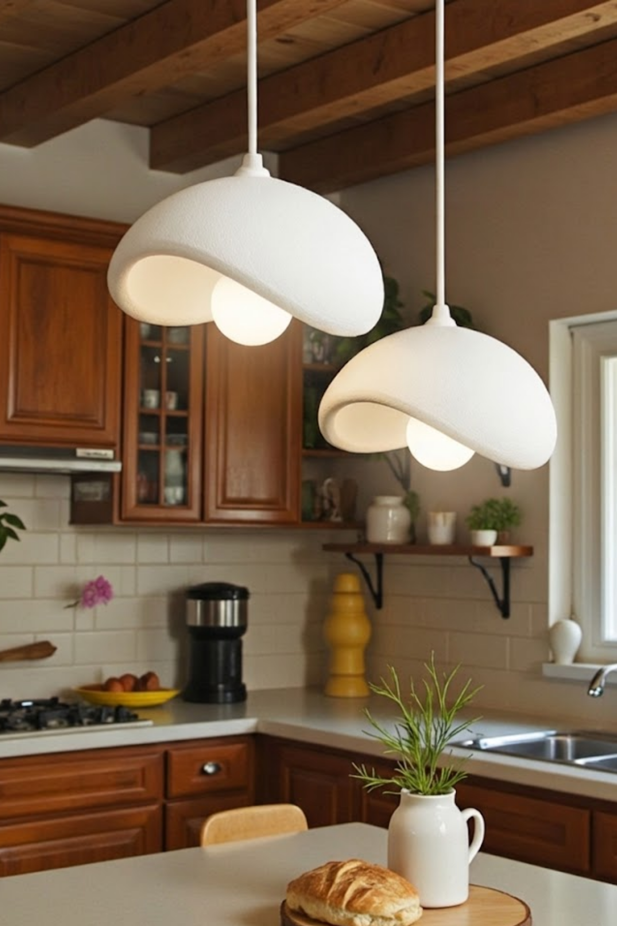 White Decorative 2-Light Pendant Chandelier, Boho Concrete Look (Includes 2x Gift Bulbs)