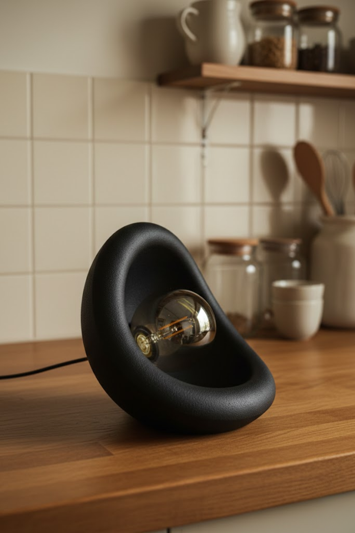 Modern Concrete Textured Lampshade | Organic Oval Night Light (Desktop Bedside Lamp) 25 cm Black
