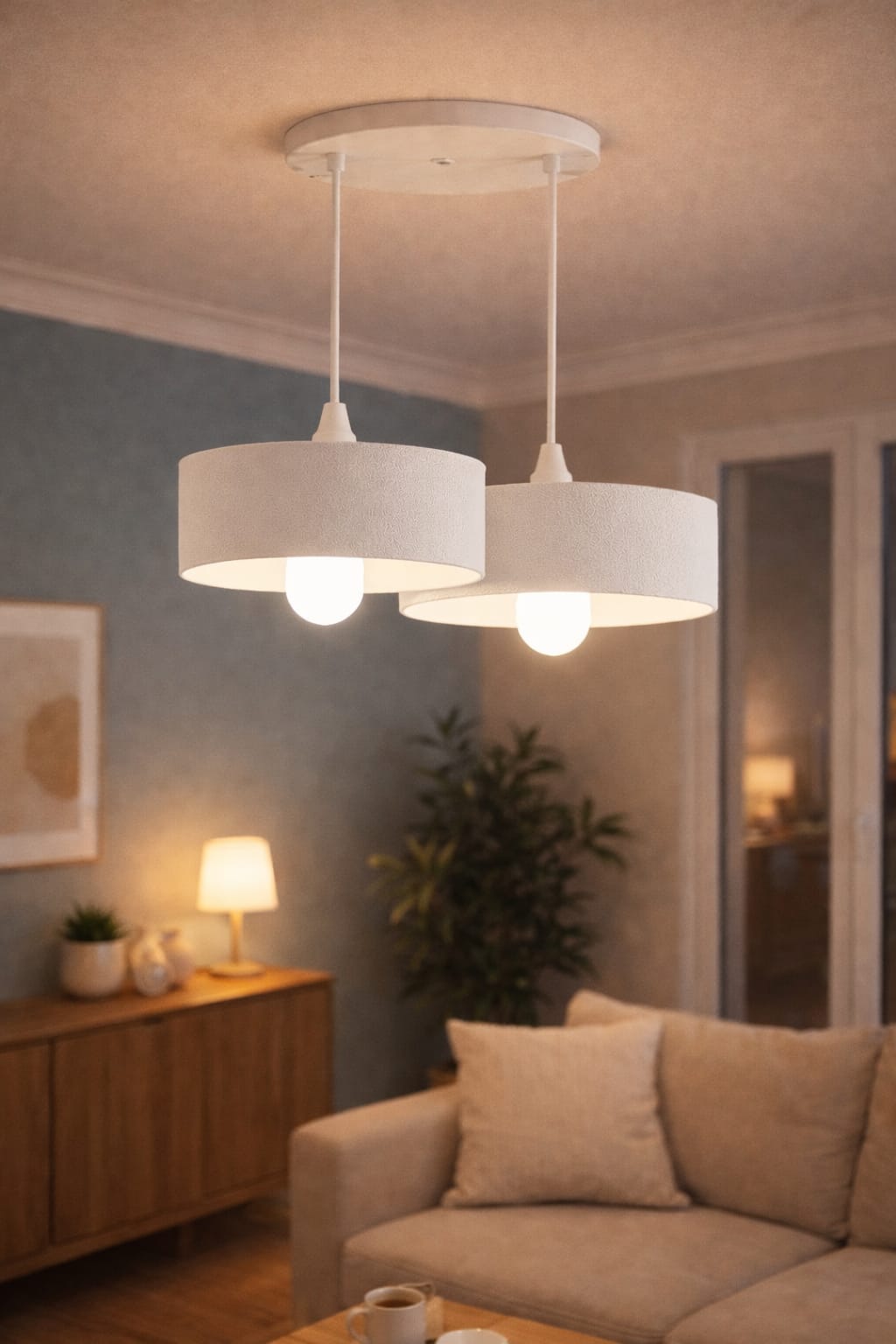 Double Concrete Look Oval Pendant Chandelier, Vegan, Salon Kitchen