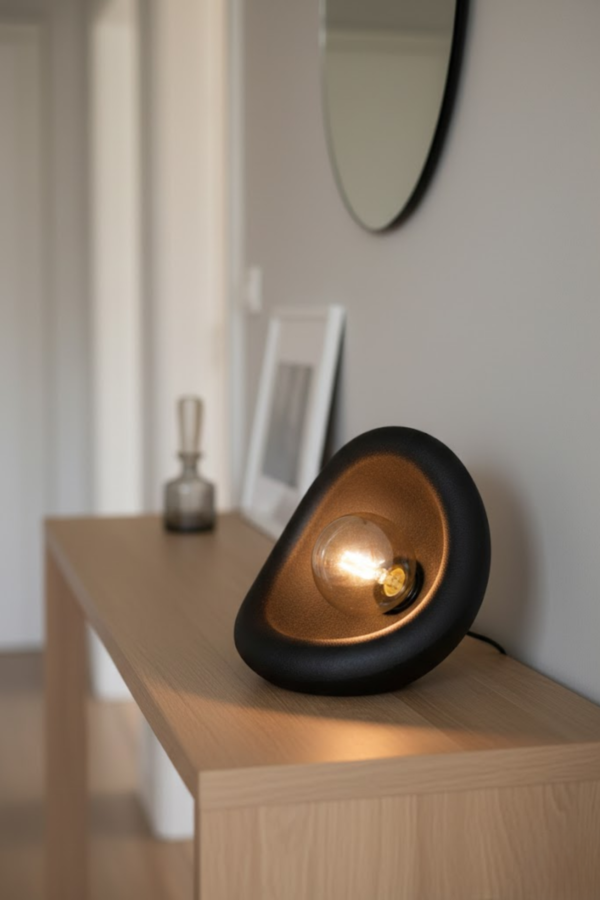 Modern Concrete Textured Lampshade | Organic Oval Night Light (Desktop Bedside Lamp) 25 cm Black