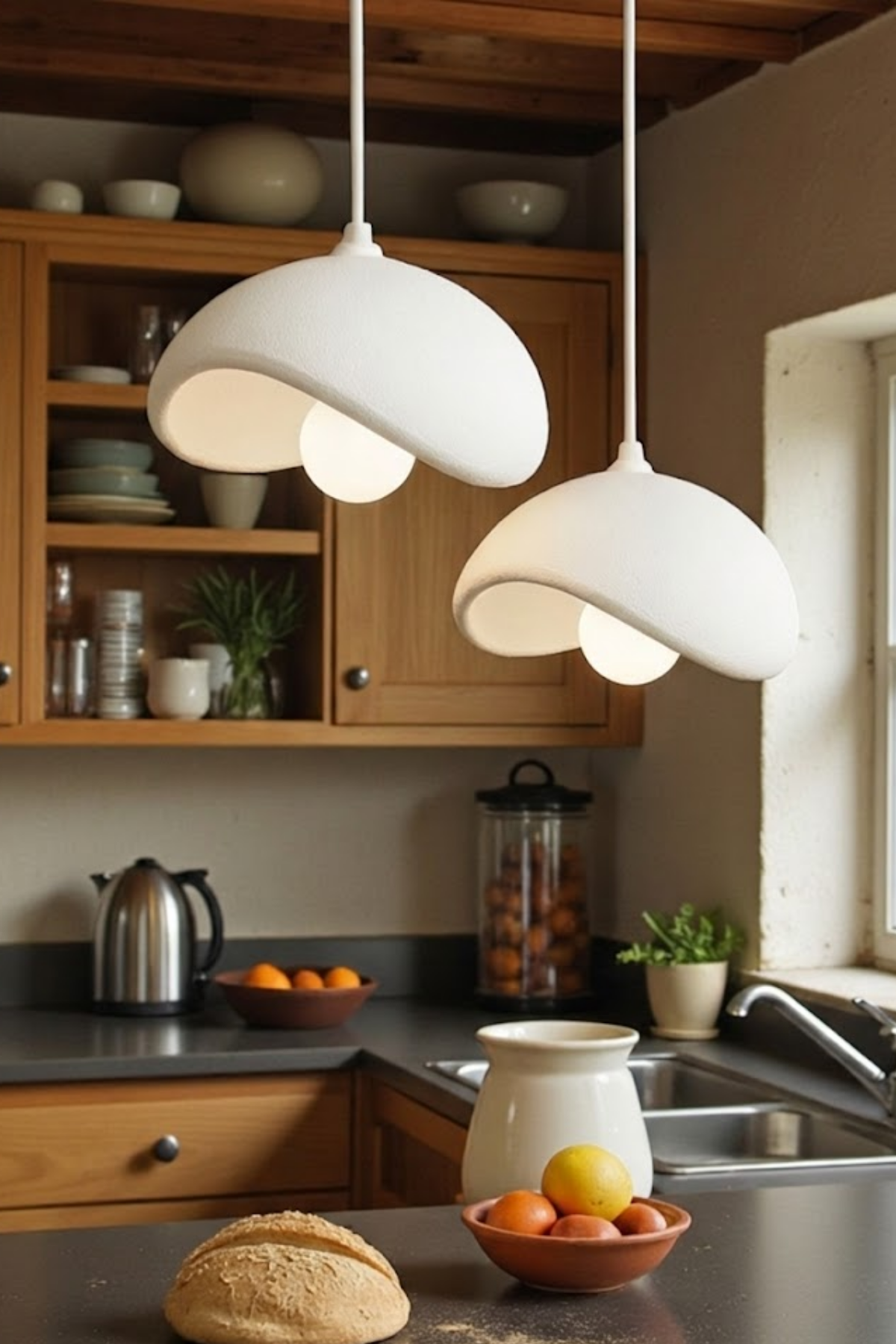 White Decorative 2-Light Pendant Chandelier, Boho Concrete Look (Includes 2x Gift Bulbs)