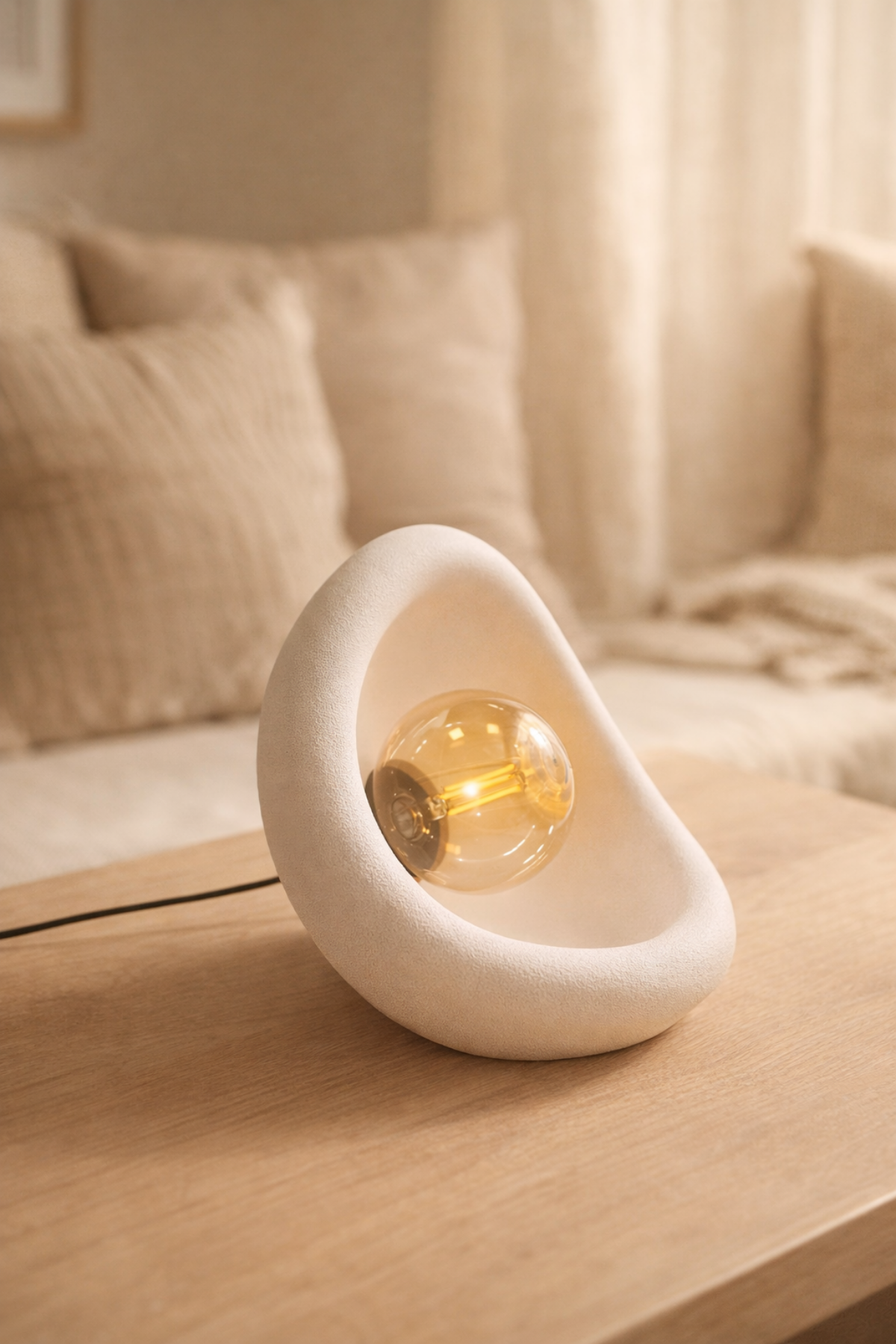 Modern Concrete Textured Lampshade | Organic Oval Night Light (Desktop Bedside Lamp) 25 cm White