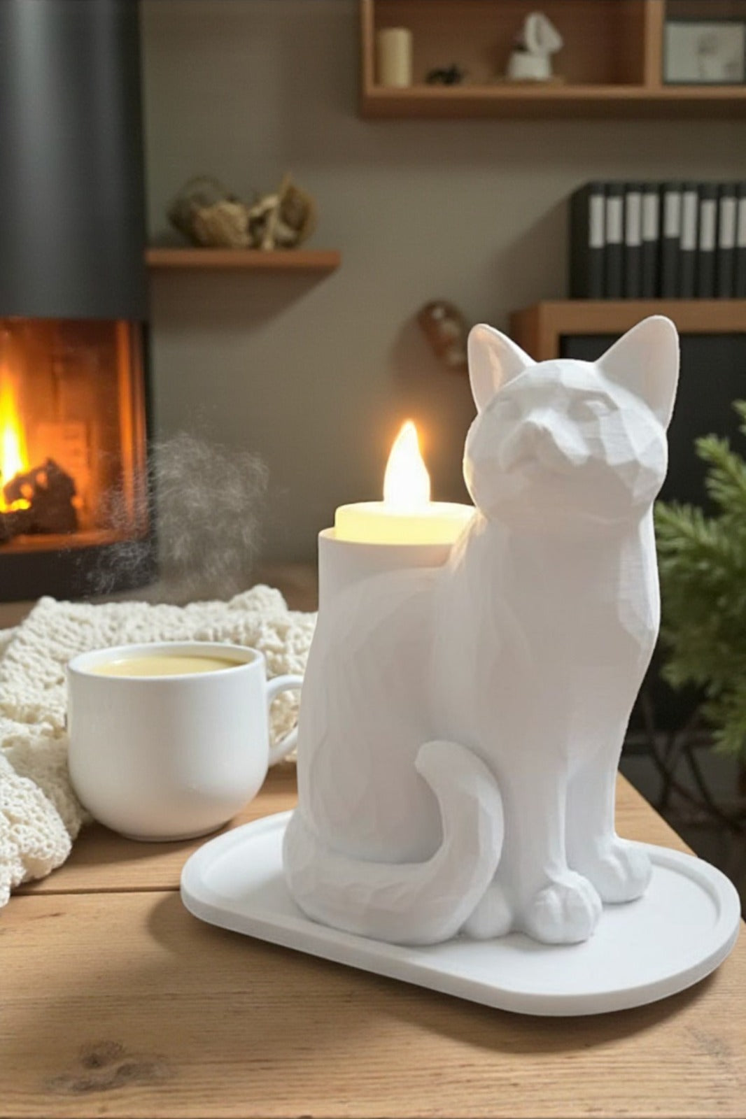 White Mosaic Decorative Cat Trinket Led Candled Stylish Home O