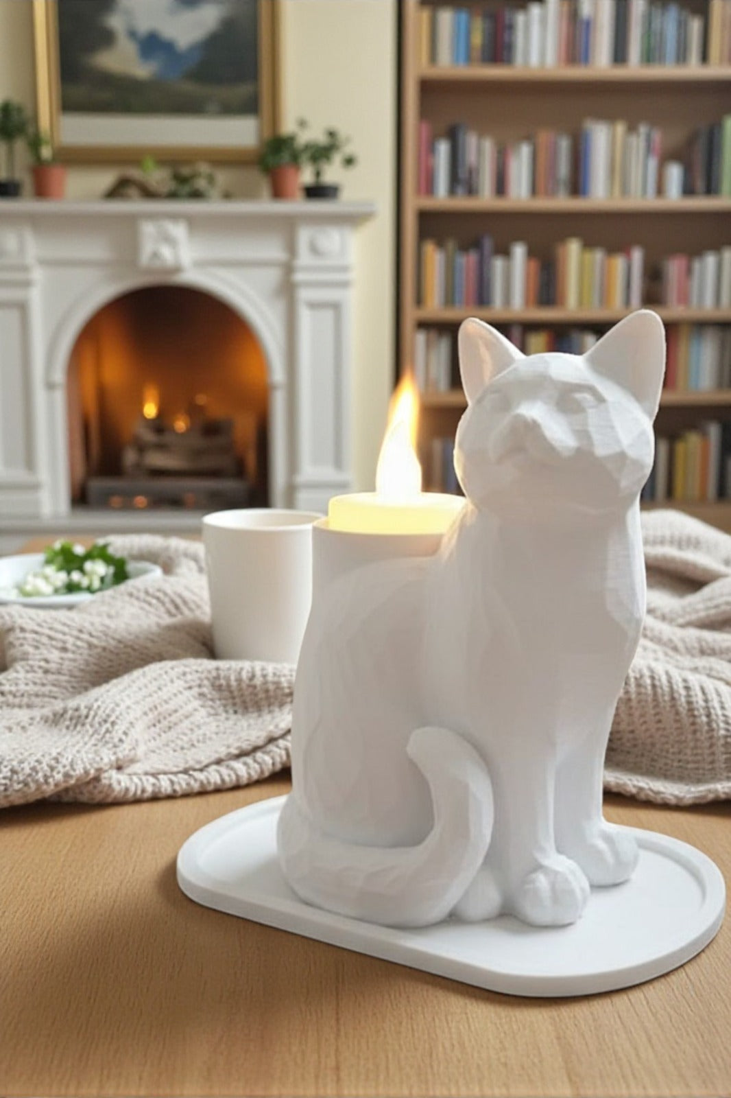 White Mosaic Decorative Cat Trinket Led Candled Stylish Home O