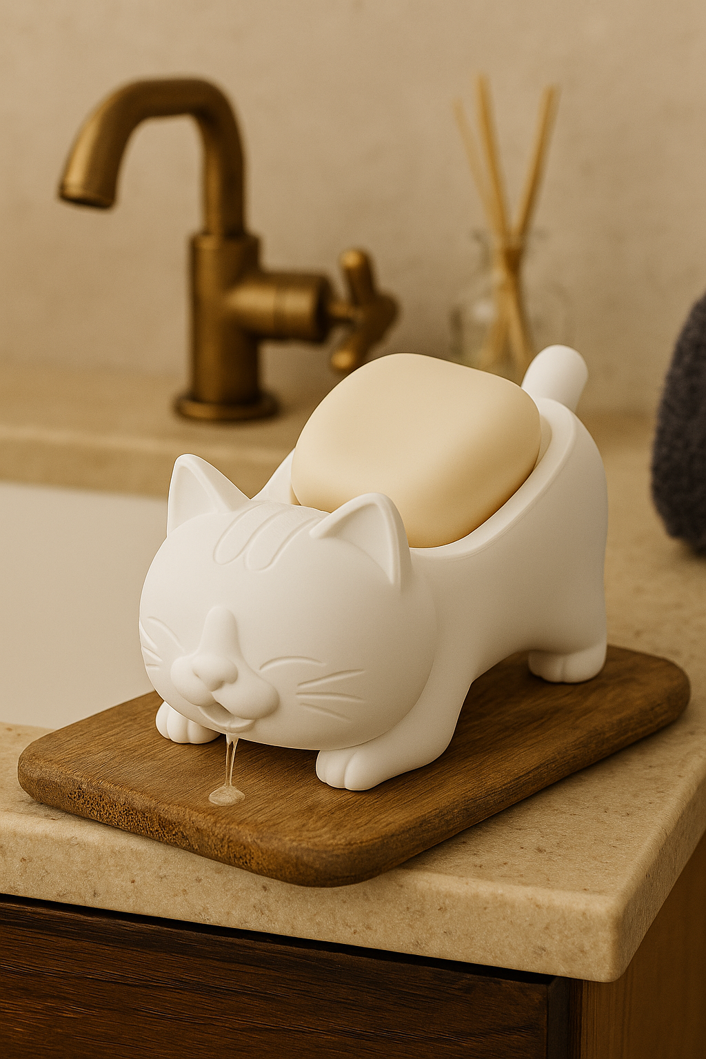 Decorative White Cat Figured Soap Dish & Sponge Holder Stylish a