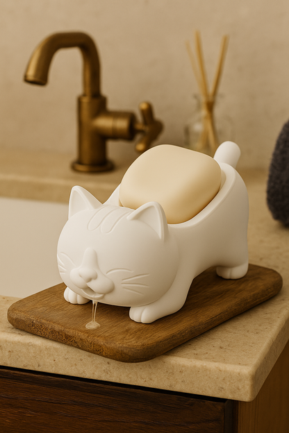 Decorative White Cat Figured Soap Dish & Sponge Holder Stylish a