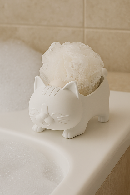 Decorative White Cat Figured Soap Dish & Sponge Holder Stylish a