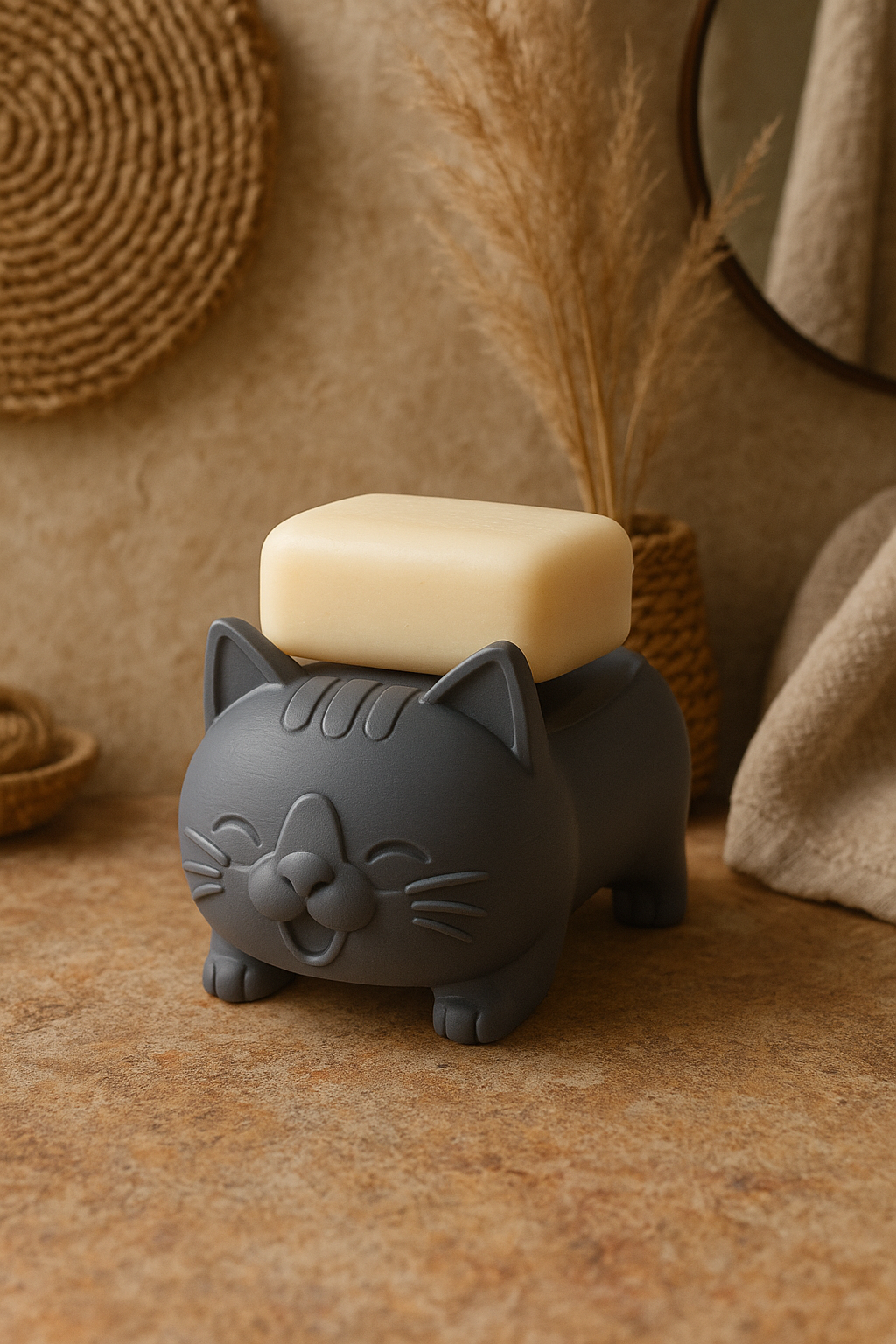 Decorative Grey Cat Figured Soap Dish & Sponge Holder Stylish and S