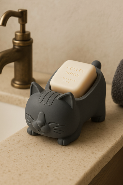 Decorative Grey Cat Figured Soap Dish & Sponge Holder Stylish and S